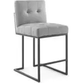 Privy Counter Stool in Tufted Light Grey Fabric & Black Stainless