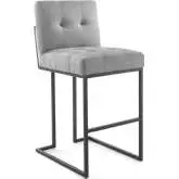 Privy Bar Stool in Tufted Light Grey Fabric & Black Stainless