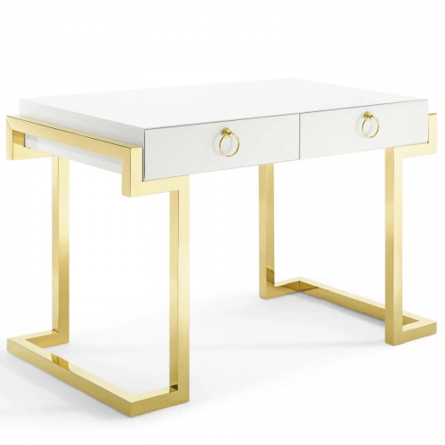 Ring Office Desk in High Gloss White & Gold Steel