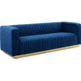 Charisma Sofa in Channel Tufted Navy Blue Velvet & Gold