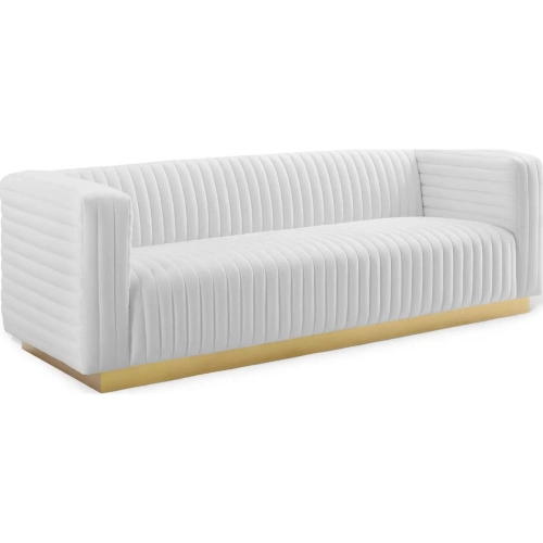 Charisma Sofa in Channel Tufted White Velvet & Gold