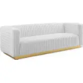 Charisma Sofa in Channel Tufted White Velvet & Gold