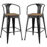 Promenade Arm Bar Stool in Black Metal & Bamboo (Set of 2)