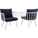 Riverside Outdoor Arm Chair in White Metal & Navy Blue Fabric (Set of 2)