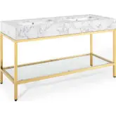 Kingsley 60" Bathroom Vanity in White Faux Marble & Gold Stainless