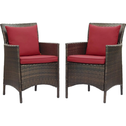 Conduit Outdoor Dining Arm Chair in Red Fabric & Brown Rattan (Set of 2)