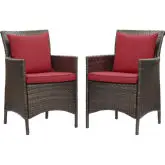 Conduit Outdoor Dining Arm Chair in Red Fabric & Brown Rattan (Set of 2)