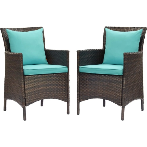 Conduit Outdoor Dining Arm Chair in Turquoise Fabric & Brown Rattan (Set of 2)