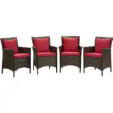 Conduit Outdoor Dining Arm Chair in Red Fabric & Brown Rattan (Set of 4)