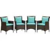 Conduit Outdoor Dining Arm Chair in Turquoise Fabric & Brown Rattan (Set of 4)