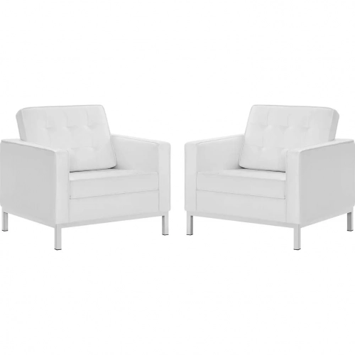 Loft Arm Chair in Tufted White Leatherette & Stainless (Set of 2)