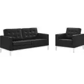 Loft Loveseat & Arm Chair Set in Tufted Black Leatherette & Stainless