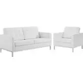 Loft Loveseat & Arm Chair Set in Tufted White Leatherette & Stainless