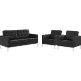 Loft 3 Piece Loveseat Set in Tufted Black Leatherette & Stainless