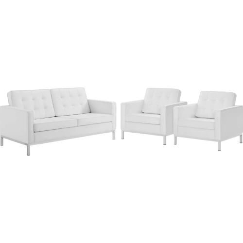 Loft 3 Piece Loveseat Set in Tufted White Leatherette & Stainless