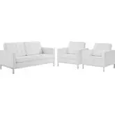 Loft 3 Piece Loveseat Set in Tufted White Leatherette & Stainless