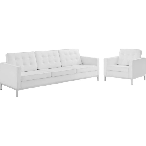 Loft Sofa & Arm Chair Set in Tufted White Leatherette & Silver