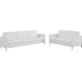 Loft Sofa & Loveseat Set in Tufted White Leatherette & Silver