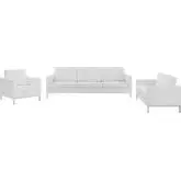 Loft 3 Piece Sofa Set in Tufted White Leatherette & Silver