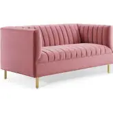 Shift Loveseat in Channel Tufted Dusty Rose Velvet & Gold Stainless