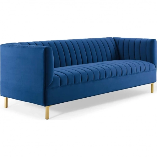 Shift Sofa in Channel Tufted Navy Blue Velvet & Gold Stainless