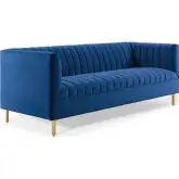 Shift Sofa in Channel Tufted Navy Blue Velvet & Gold Stainless