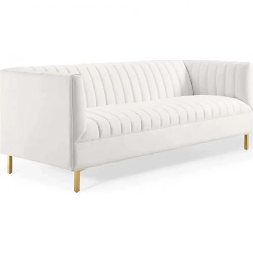 Shift Sofa in Channel Tufted White Velvet & Gold Stainless