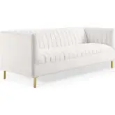 Shift Sofa in Channel Tufted White Velvet & Gold Stainless