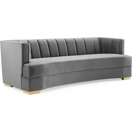 Encompass Curved Sofa in Channel Tufted Gray Velvet & Gold