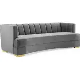 Encompass Curved Sofa in Channel Tufted Gray Velvet & Gold