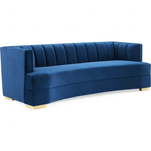 Encompass Curved Sofa in Channel Tufted Navy Blue Velvet & Gold