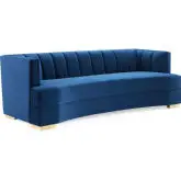 Encompass Curved Sofa in Channel Tufted Navy Blue Velvet & Gold