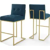 Privy Bar Stool in Azure Blue Velvet & Gold Stainless (Set of 2)