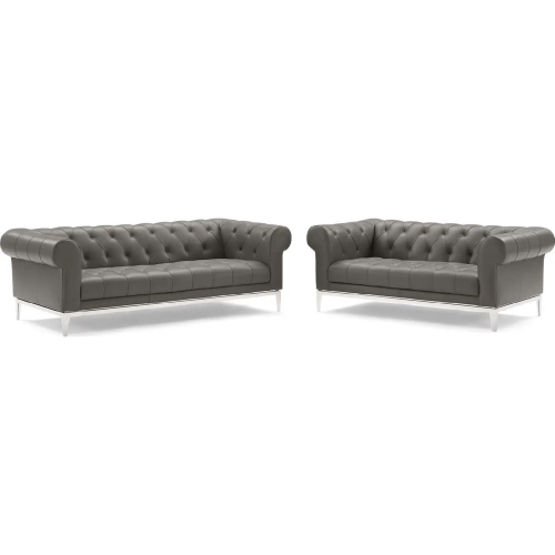 Idyll Sofa & Loveseat Set in Tufted Gray Leather