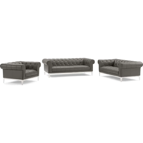 Idyll 3 Piece Sofa Set in Tufted Gray Leather