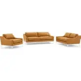 Harness 3 Piece Sofa Set in Tan Leather & Stainless Steel