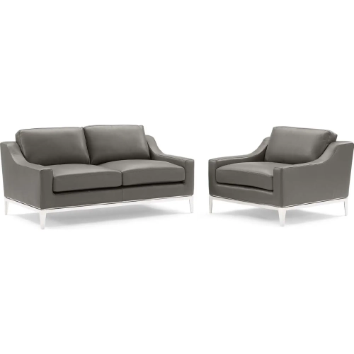 Harness Loveseat & Arm Chair Set in Gray Leather & Stainless Steel