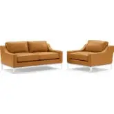 Harness Loveseat & Arm Chair Set in Tan Leather & Stainless Steel