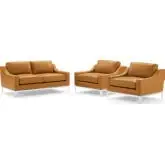 Harness Loveseat & 2 Arm Chair Set in Tan Leather & Stainless Steel