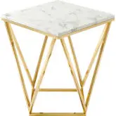 Vertex End Table in White Faux Marble & Polished Gold Stainless