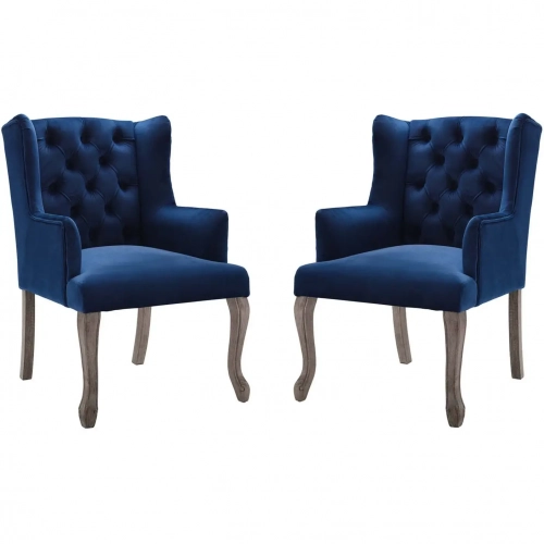 Realm Arm Chair in Tufted Navy Fabric & Wood (Set of 2)