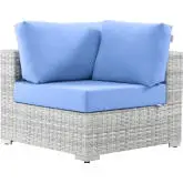 Convene Outdoor Corner Sectional Unit in Light Blue Fabric & Gray Poly Rattan