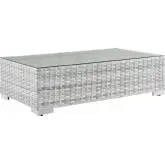 Convene Outdoor Coffee Table in Tempered Glass & Gray Poly Rattan