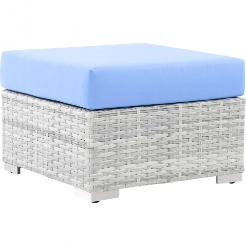 Convene Outdoor Ottoman in Light Blue Fabric & Gray Poly Rattan