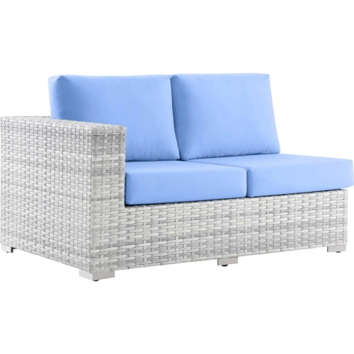 Convene Outdoor Left Arm Loveseat Sectional Unit in Light Blue Fabric & Gray Poly Rattan