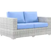 Convene Outdoor Loveseat in Light Blue Fabric & Gray Poly Rattan