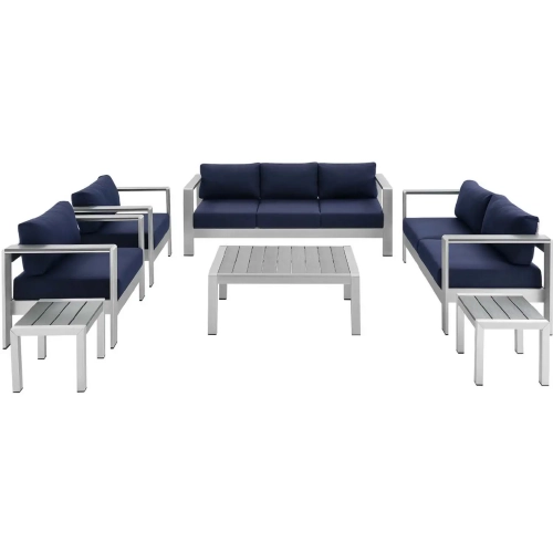 Shore Outdoor 7 Piece Sofa Set in Aluminum & Navy Blue Sunbrella &reg; Fabric