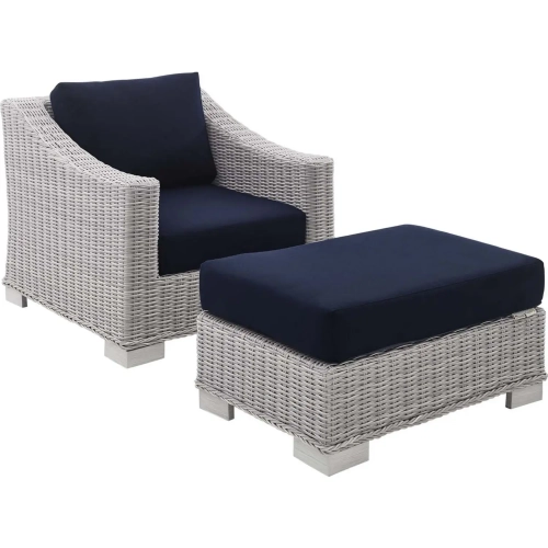 Conway Outdoor Arm Chair & Ottoman in Gray Wicker & Navy Sunbrella &reg;