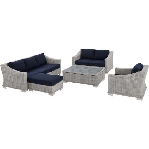 Conway Outdoor 5 Piece Sofa Set in Gray Rattan & Navy Blue Sunbrella &reg;