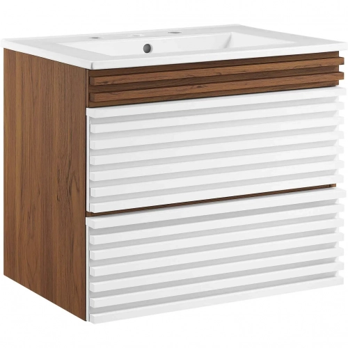 Render 24" Wall Mount Bathroom Vanity in White, Walnut Finish & White Ceramic